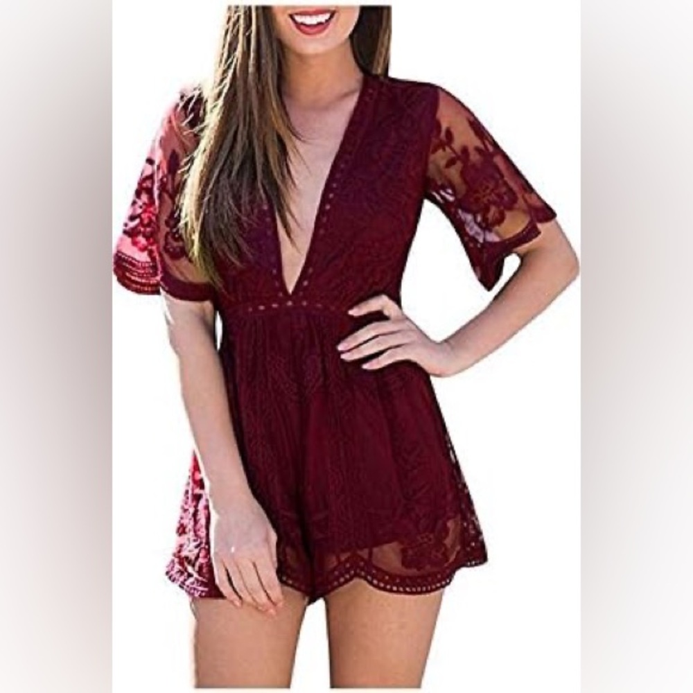 Plunging V-Neck Lace Romper in Burgundy